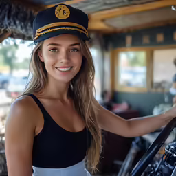 woman in hat sitting in car with steering wheel out