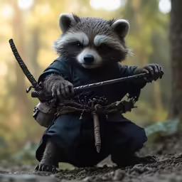 a raccoon with a gun in its hand