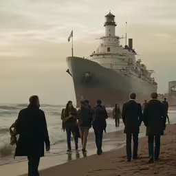 people walking on the beach near a large ship