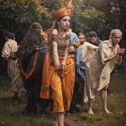 a woman dressed in a costume and standing with horses