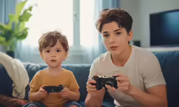 a boy and a girl play video games together