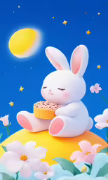 a painting of a rabbit eating a donut sitting on a rock