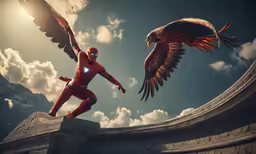 a photo of a man in a red suit with a bird