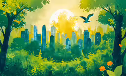 the forest landscape with birds is painted with bright colors