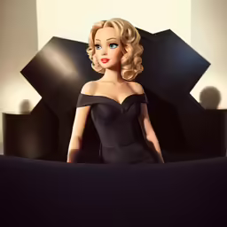 barbie doll with an elegant dress sits in front of a black chair