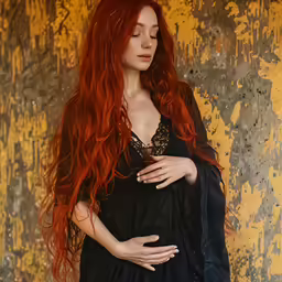 a woman with long red hair and wearing black