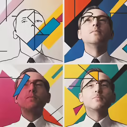 four pictures of a man in glasses with different colored lines