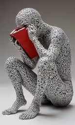 a man with a red book and black speckles