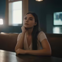 a woman sitting at a table with her head against her hand