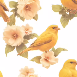 several yellow birds sitting on some flowers