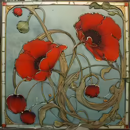 red flowers are in the center of an artistic piece