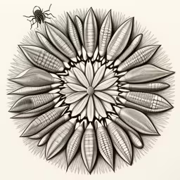 an abstract drawing of leaves and a spider,an insect standing next to a drawing of a flower