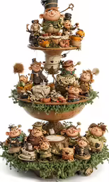 a three tiered christmas tree with people around it