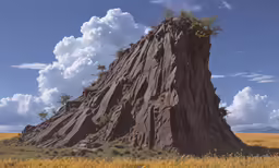 the large rock is sitting by itself in the middle of a field