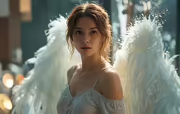 a beautiful woman wearing angel wings in white