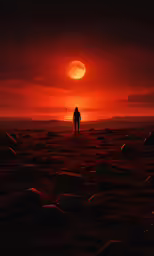a lone man stands on a beach as the sun sets