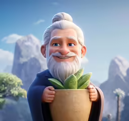 an animated man holding a plant in a pot