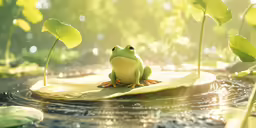 the frog is sitting on a leaf floating in the water