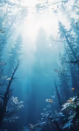 a blue forest with mist or rain is seen in this photograph