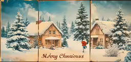 a three panel christmas scene with a red umbrella
