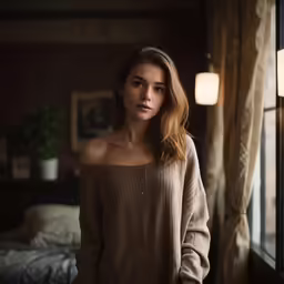 a beautiful young woman standing by a window