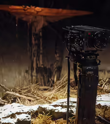 a very long camera that is by some logs