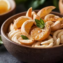 close up of orange slices and rings in a bowl