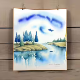 a painting of some trees by the water,the picture is hung on the wooden wall