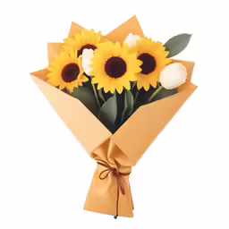 a sunflower wrapped in brown paper with tulips