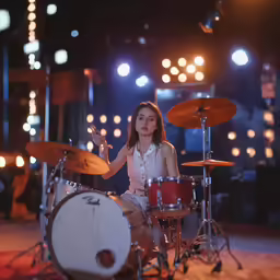 a girl sitting on the floor of a drum studio