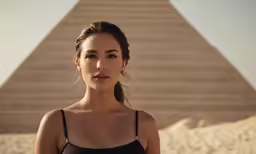woman standing in front of a pyramid with her eyes closed