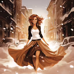 an illustration of a girl in the city with snow,a woman walking in the snow in the city
