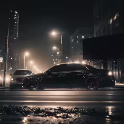 two black cars driving down a busy street