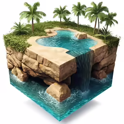 an island is in the middle of a body of water with an artificial waterfall