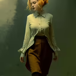 a woman with red hair walks on the runway