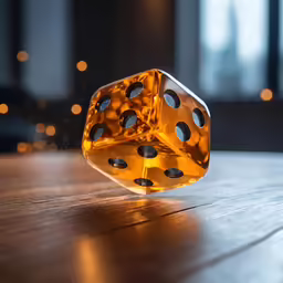 a yellow dice on the floor in front of a window