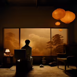a man is sitting on his laptop in the dark,person sitting in dark room using laptop with landscape lit up from the windows