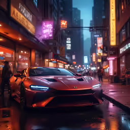 a red sports car on the street at night