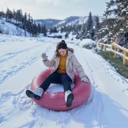 a woman sitting on a snow covered sled with her arms out