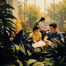 two people sitting on a bench in a forest of plants