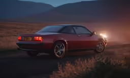 a car driving down a dirt road next to a field