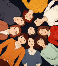 a group of people standing next to each other,several women with different poses in a circle