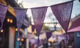 purple curtains with white tassels are hanging outside on the line