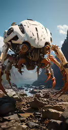 robot walking on a rocky ground by water