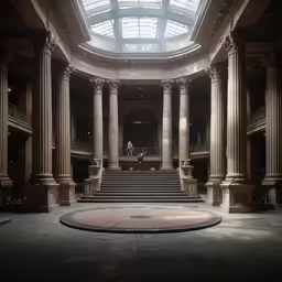 a man walking up the steps at an abandoned building