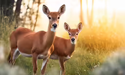 two deer standing next to each other on a lush green field