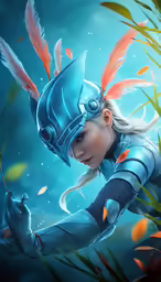 a woman with a feather on her head with an armor and feathers in her hand