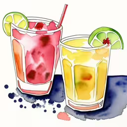 the picture shows two drinks on the table,two glasses filled with fruit and drinks, one is orange,two glasses filled with drink next to each other,two glasses with drinks and a spoon on top of it,two drinks with colorful liquids in them and one next to each other