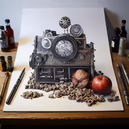 an artistic drawing of an antique clock and mushrooms