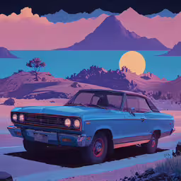 the artwork is an image of a station wagon car driving on a road with mountains in the background,an old blue car on a road with a full moon in the background